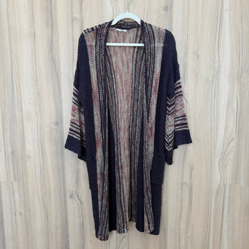 Easel Women Open Front Long Cardigan S/M Purple Striped Boho Soutthwestern Indie